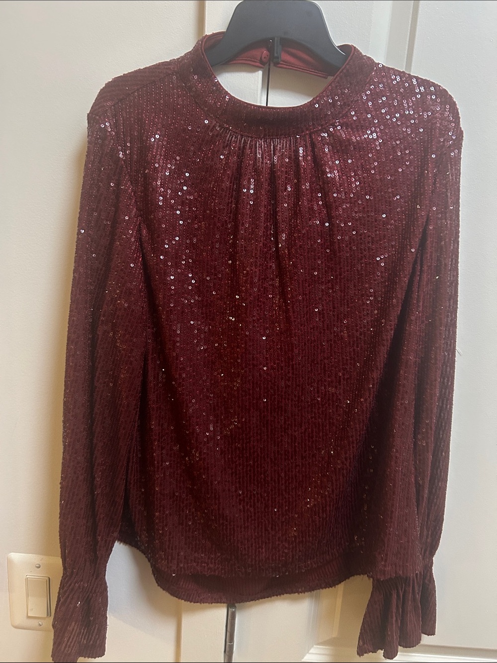 CeCe Burgundy Sequin Cowl Back, Long-Sleeve Top M